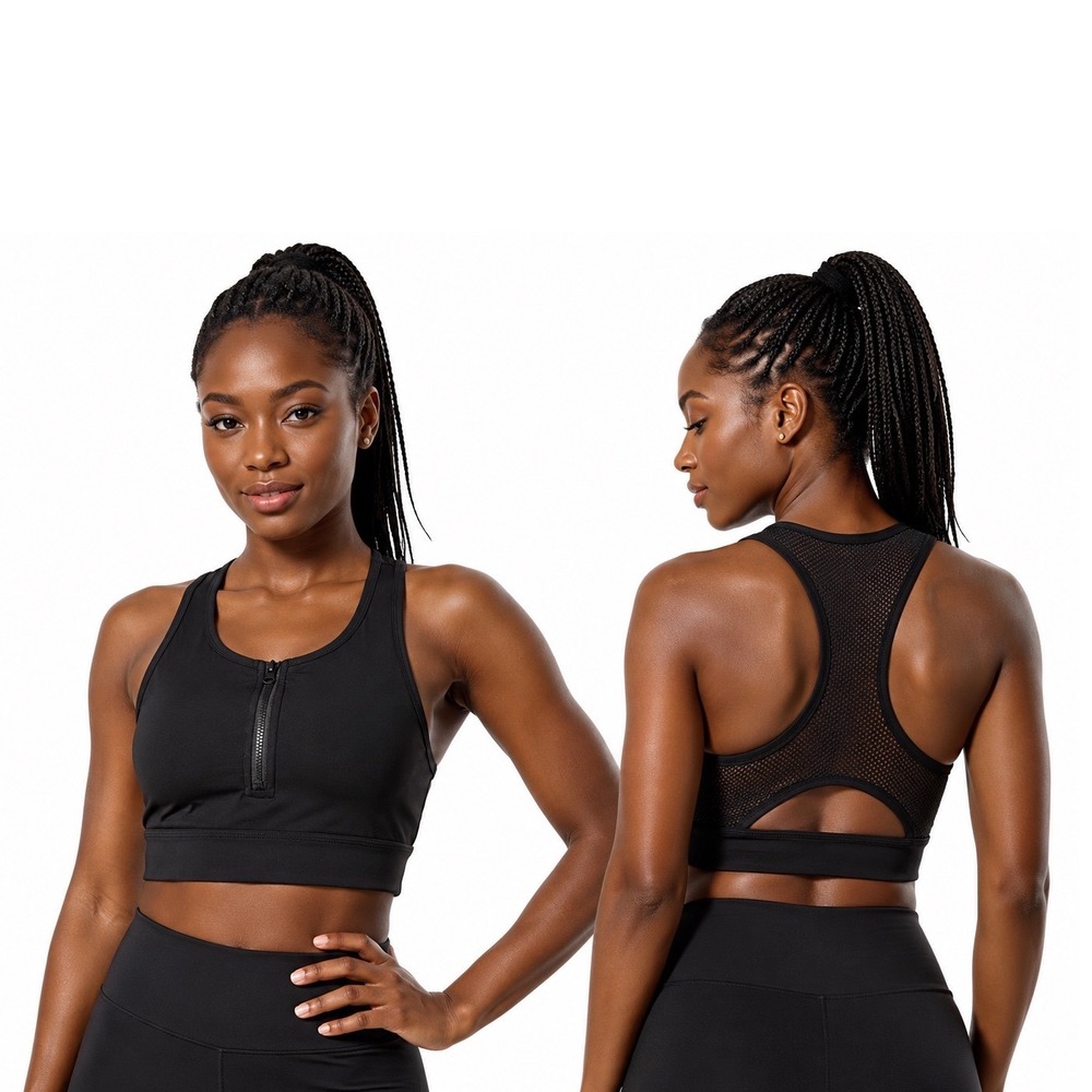 Mondetta Black Quarter Zip Mesh Racerback Sports Bra High Neck Cutout S 104-79‎